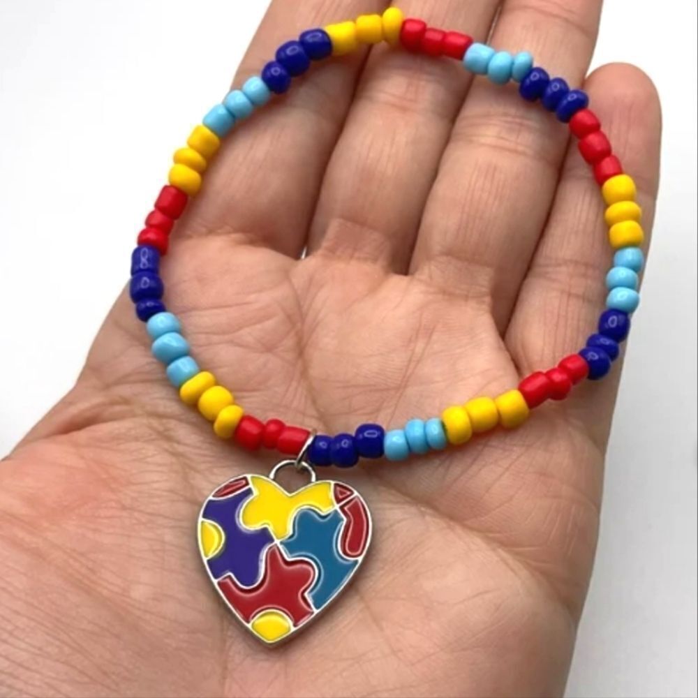 Colorful Puzzle Heart Autism Awareness Beaded Bracelet for Kids and Adults